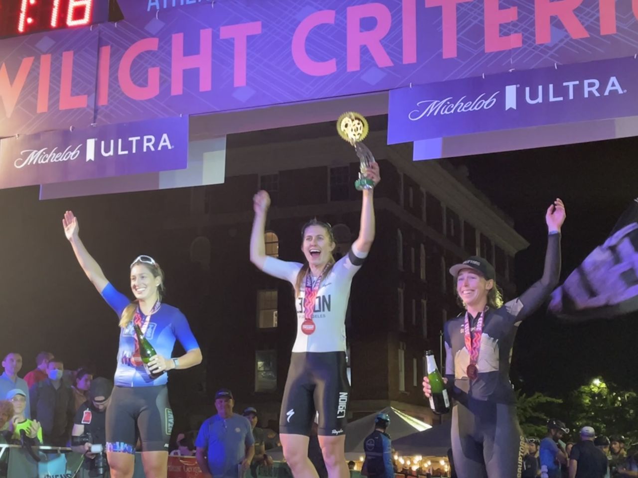 2023 Athens Twilight Criterium women's podium (LtoR): runner-up Andrea Cyr, winner Alexis Ryan, third-placed Erica Zaveta