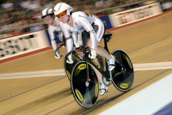 Anna Meares and Kaarle McCulloch of Australia get things underway in their team sprint final.
