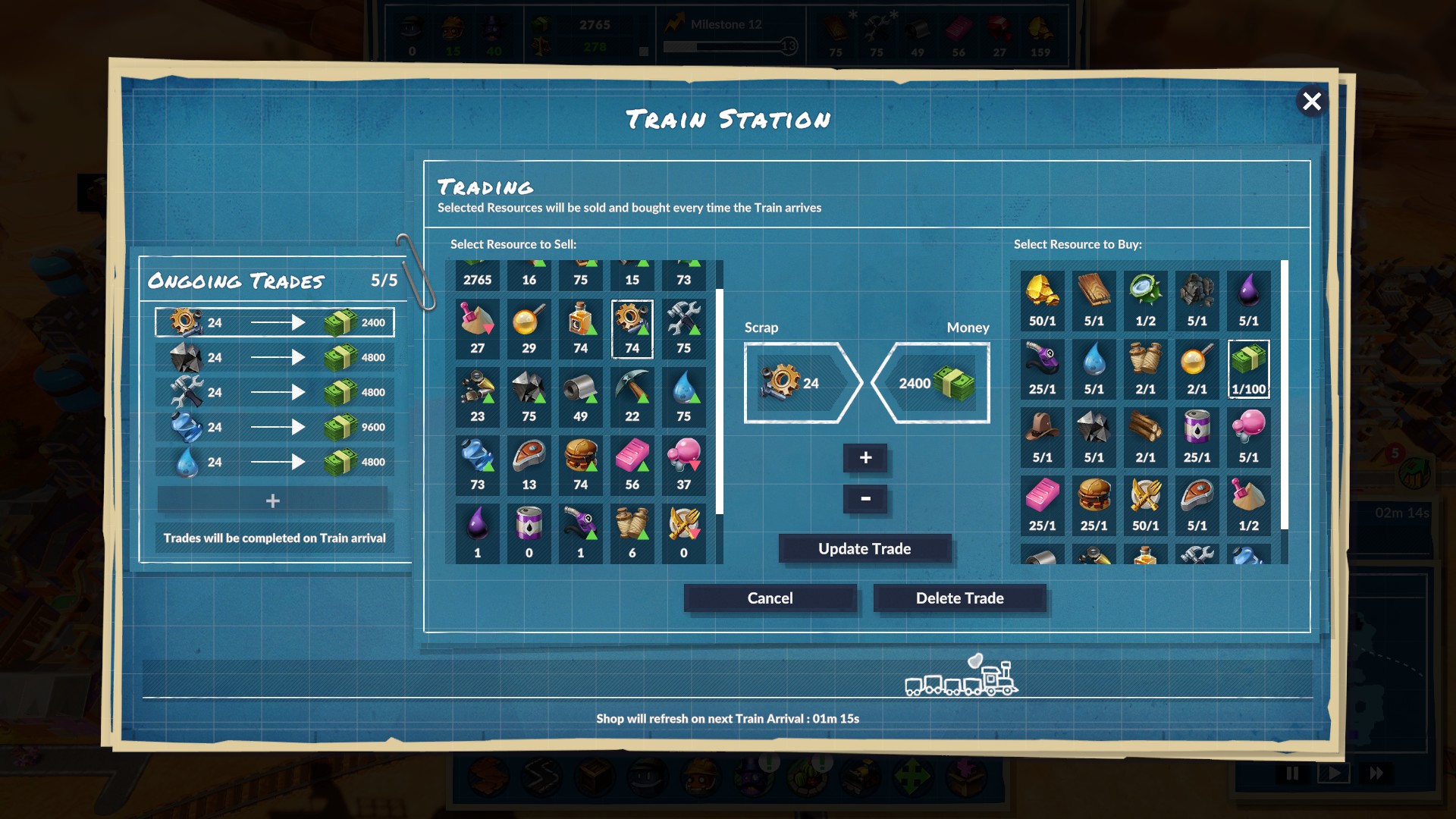 The trading screen in SteamWorld Build, with loads of resources available to buy and sell.