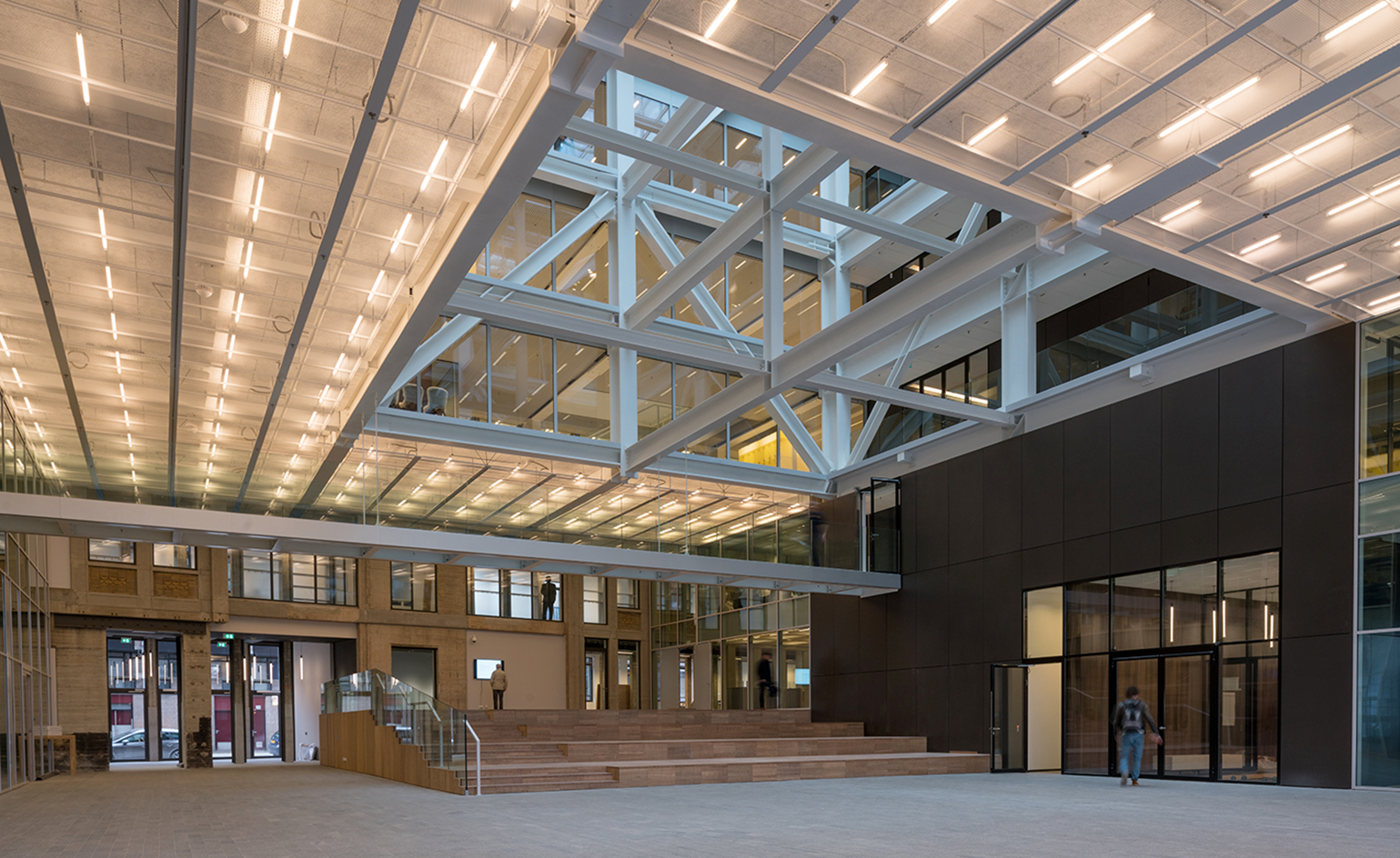 The ground level of complex with lighted ceiling