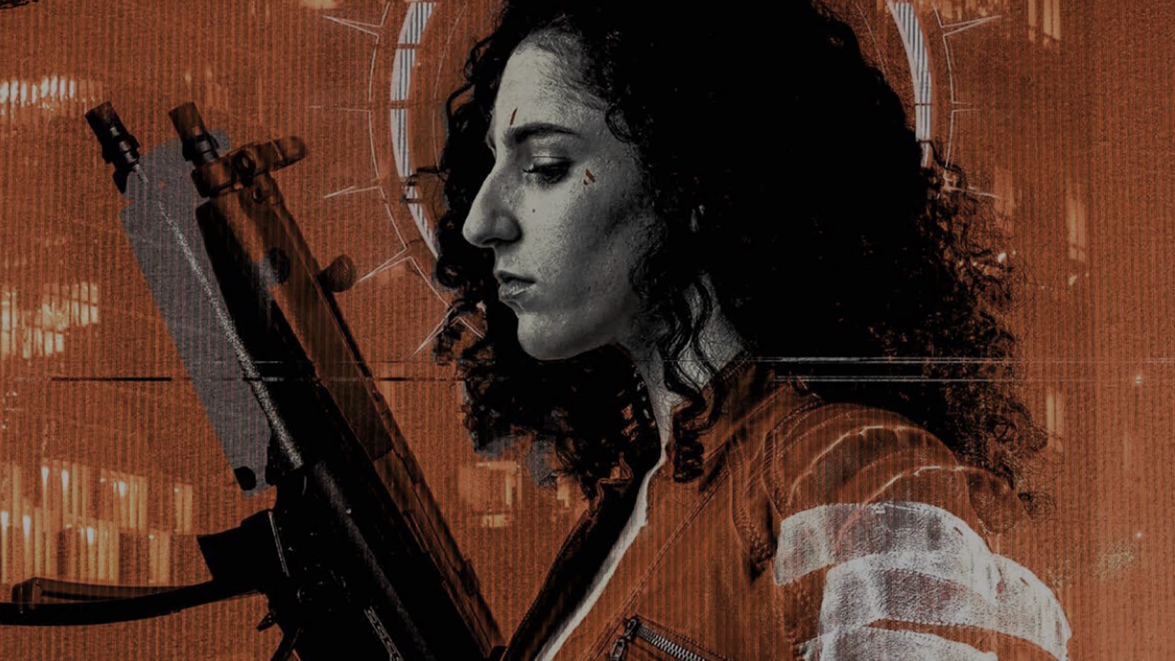 Hunter: The Reckoning website background - profile of a woman holding an SMG