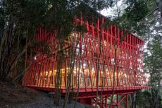 Bright red exterior of Casa Detif in Chile