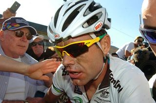 An exhausted Cadel Evans (Australia) at the finish.