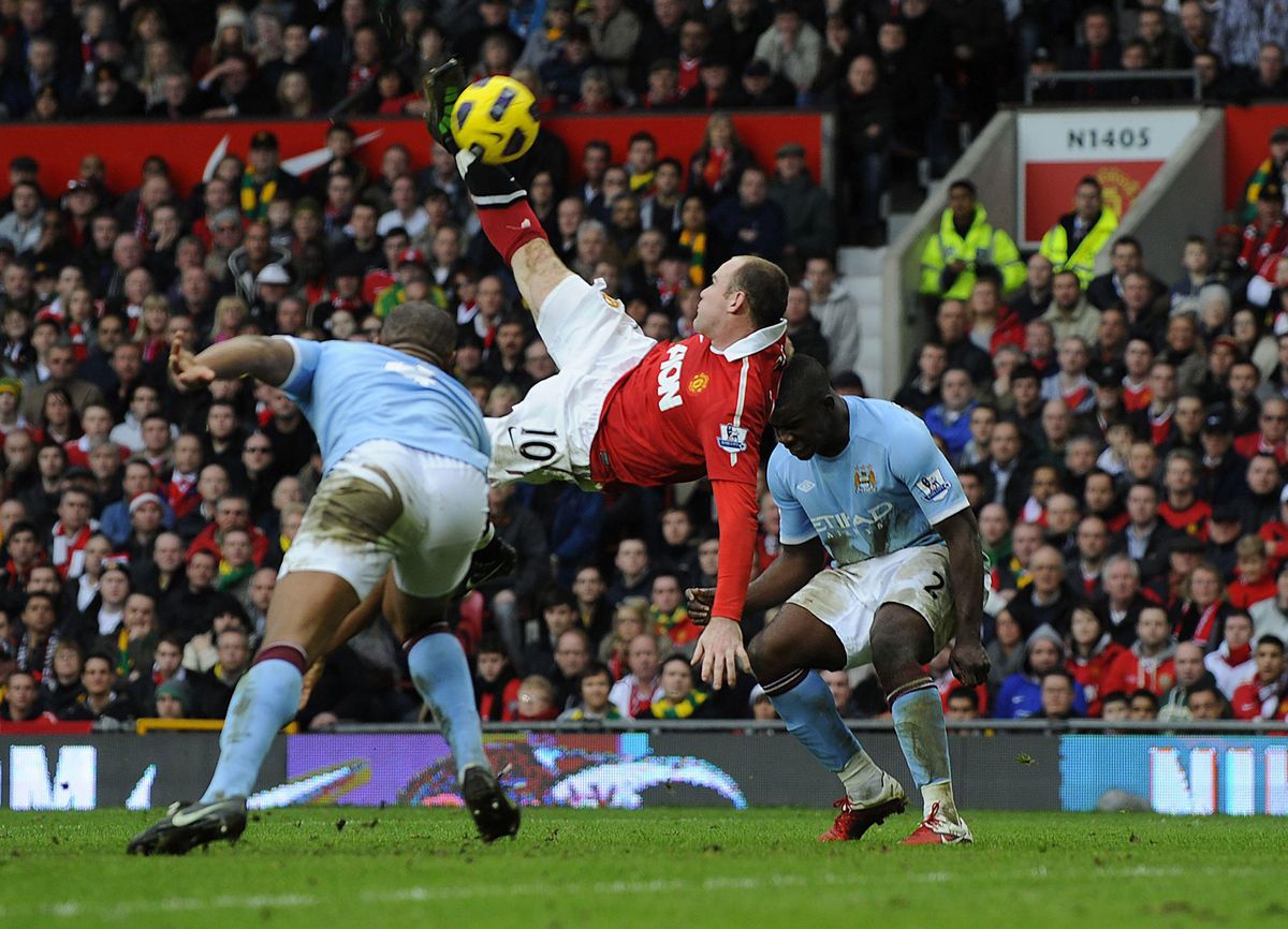 Wayne Rooney scores a spectacular bicycle kick goal for Manchester United against Manchester City at Old Trafford, February 2011