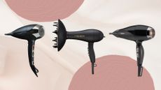 Collage of three of the best hair dryers for curly featured in this guide from (left to right) ghd, Curlsmith and BaByliss, set against a light pink painterly background with deeper pink painted circles