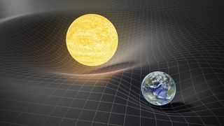 3D illustration of the Earth and Sun on distorted spacetime. This shows the gravity and general theory of relativity concept.