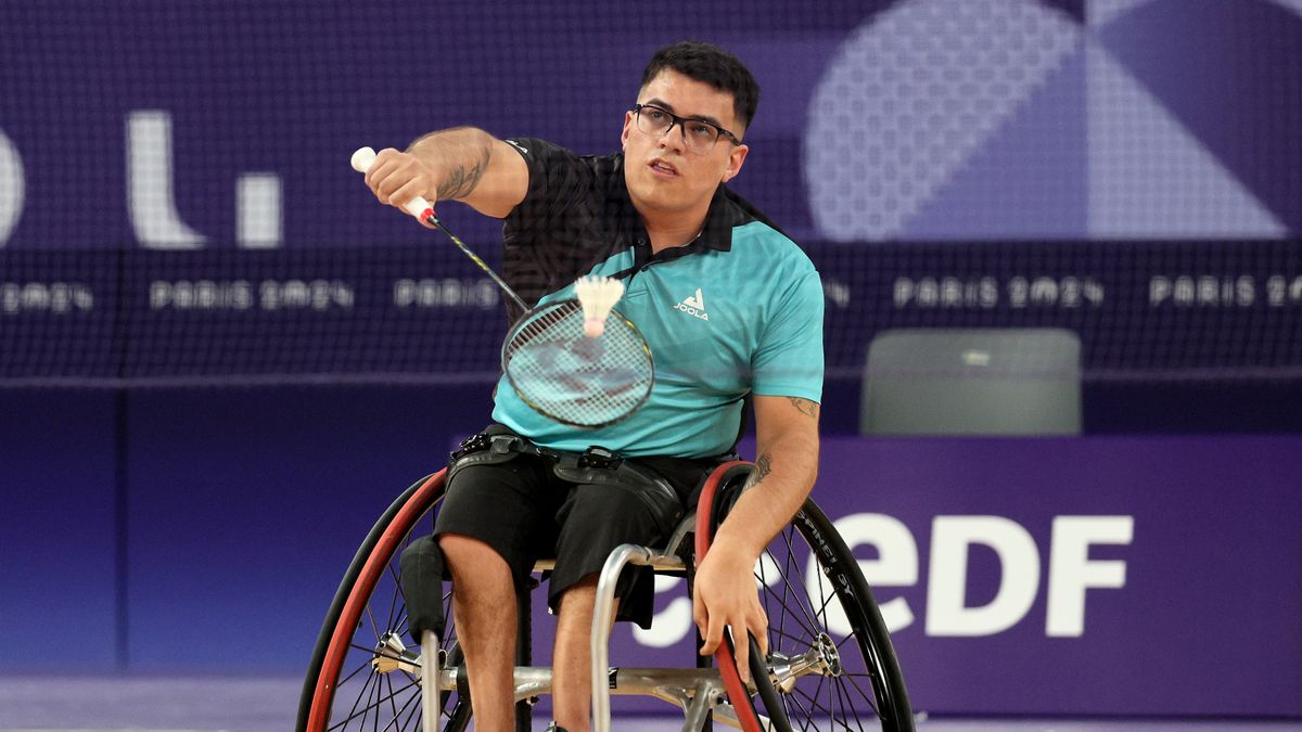 Jaime Aranguiz of Chile practices on the the courts at La Chapelle Arena in preparation for Badminton competition at Paris 2024 Paralympic Games in Paris