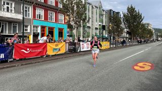 author approaching Reykjavik marathon finish line