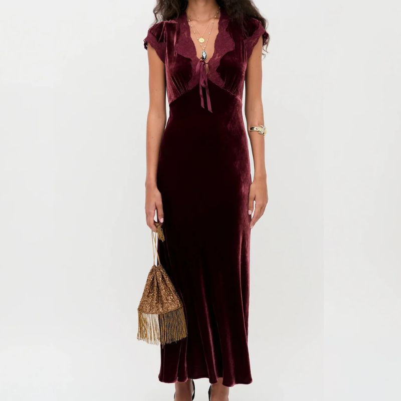 Rixo, burgundy velvet midi dress