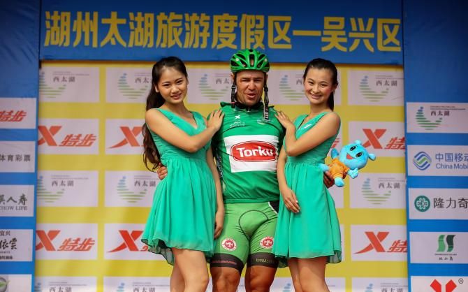 Yuriy Metlushenko in the green jersey after stage 5 of Tour of Taihu