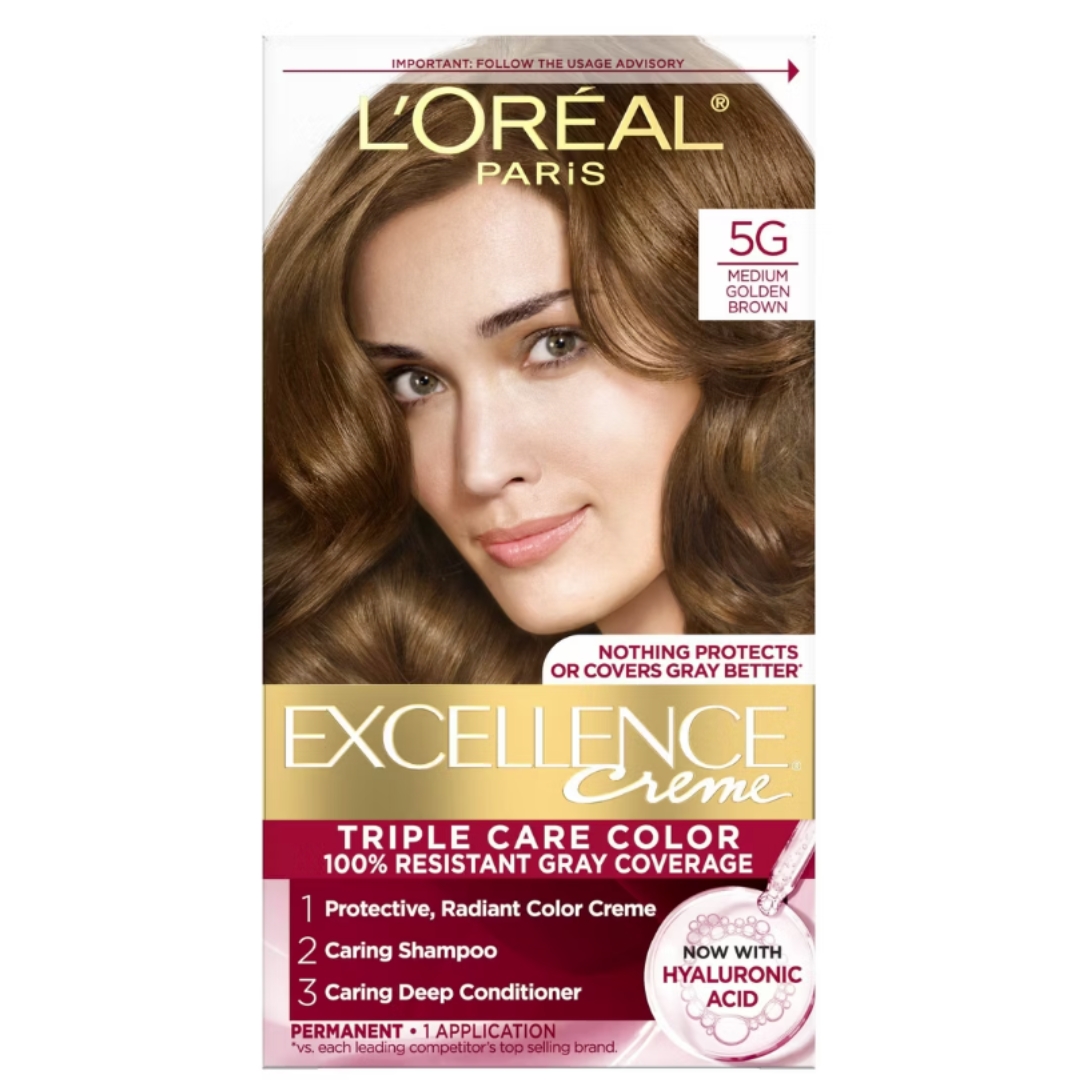 A product shot of the L'Oreal Paris Excellence Triple Protection Permanent Hair Color 5G M Golden Brown, on a white background