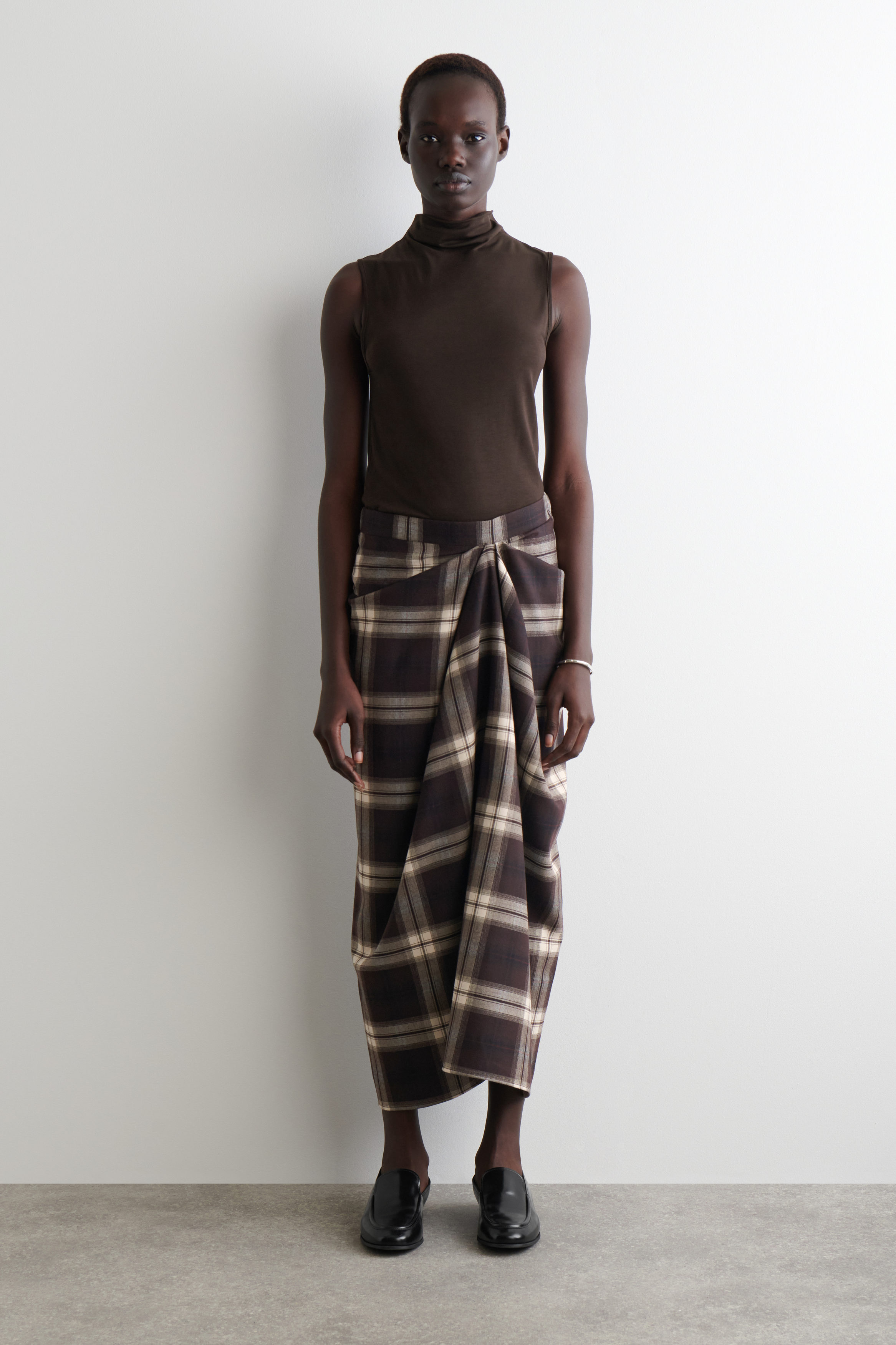 Draped Checked Midi Skirt