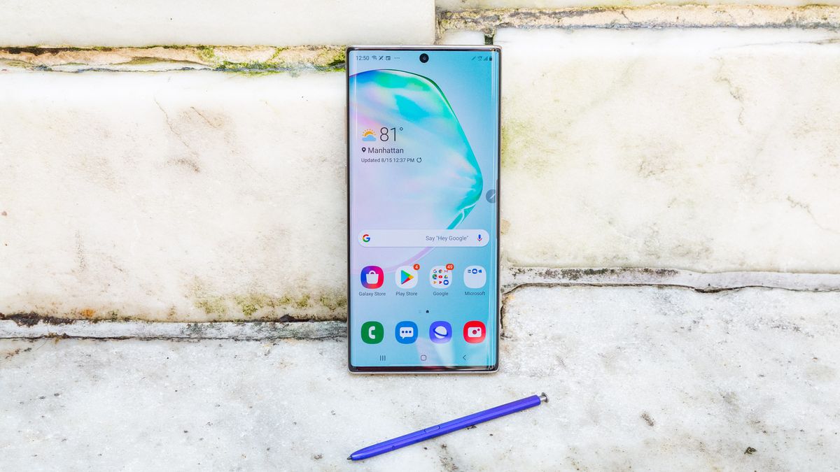 Galaxy Note 10 Plus S Pen near stone wall