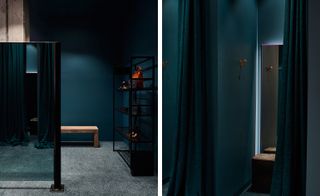 The vault-like space with deep oceanic teal blue walls