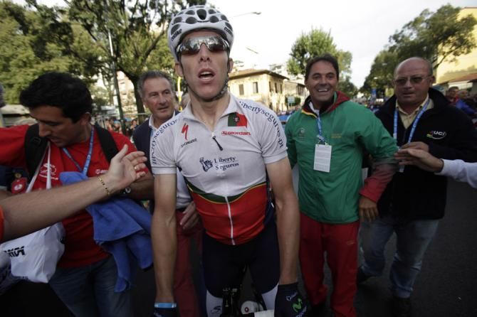 Rui Costa (Portugal) makes his way to the podium after winning the 2013 road race world championship in Florence
