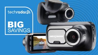 Nextbase 122 HD, 222G and 422GW dash cams on a blue background