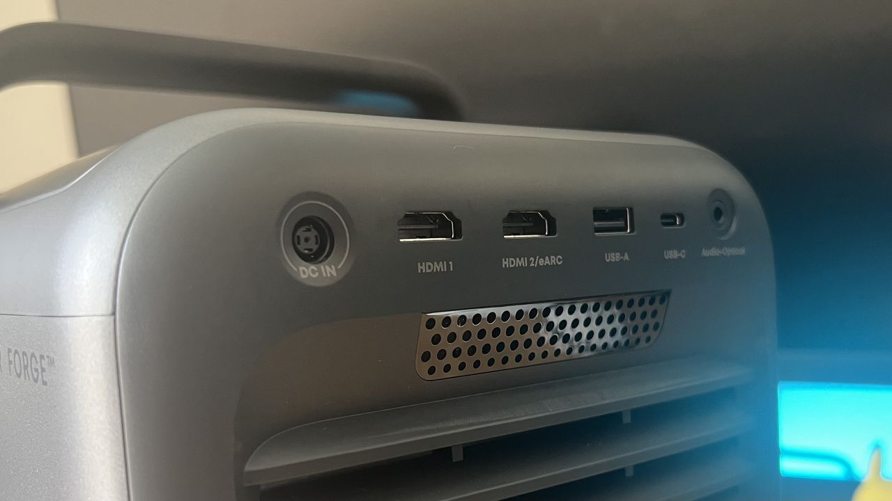 Close up on rear ports on Anker Nebula X1 projector