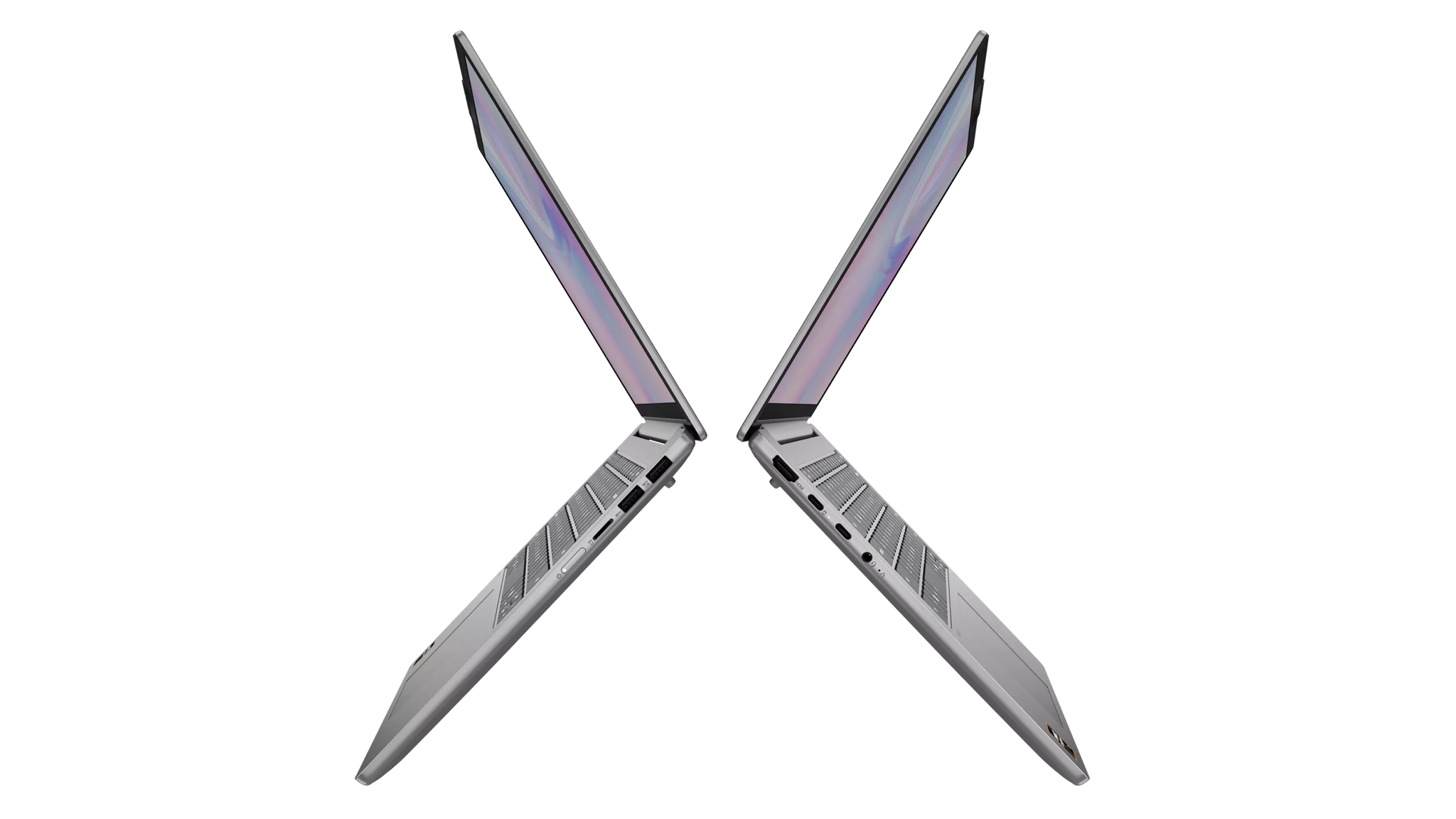 Two IdeaPad Slim 5 laptops back to back, shot from the side