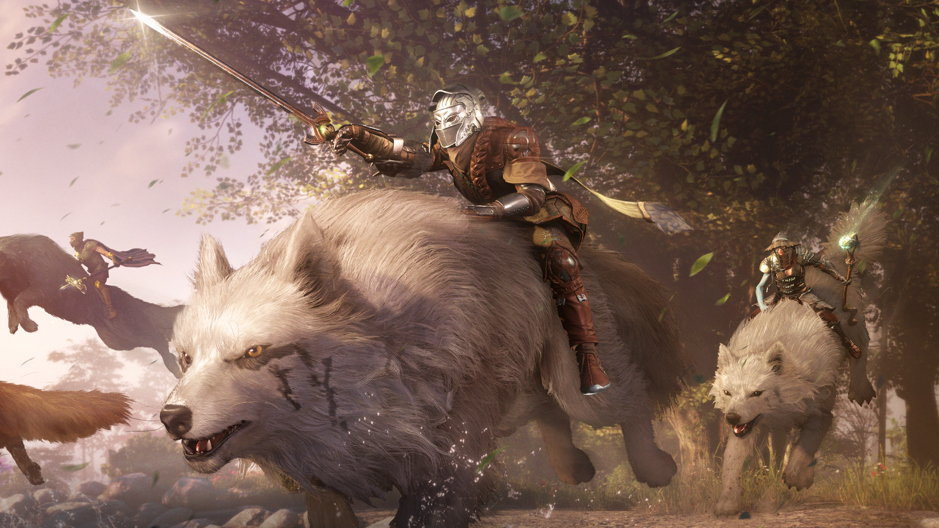 Key art of the new Soulframe update featuring several characters riding large white wolves in a forest.