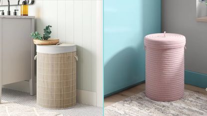 A bamboo laundry hamper and a braided laundry hamper