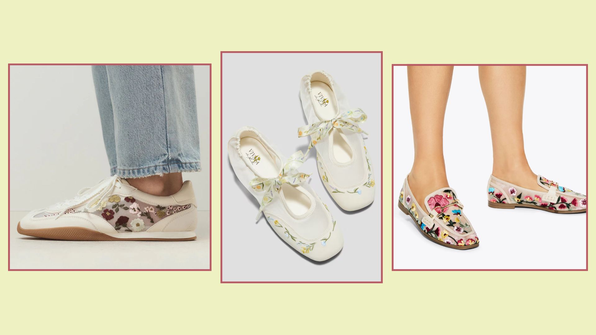 three pairs of embroidered shoes
