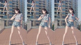 AI animation; three shots of a girl dancing