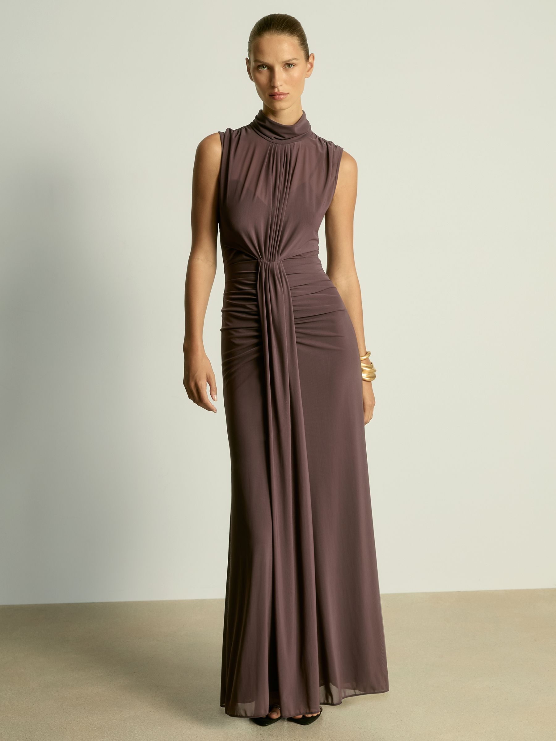 Sheer Ruched Maxi Dress in Taupe