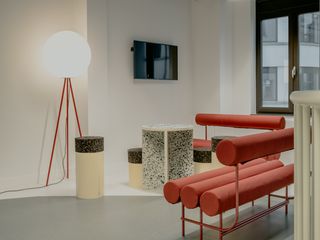 Red sofa in co-working space