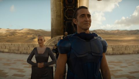 Laura Birn as Eto Demerzel and Lee Pace as Brother Day in Foundation