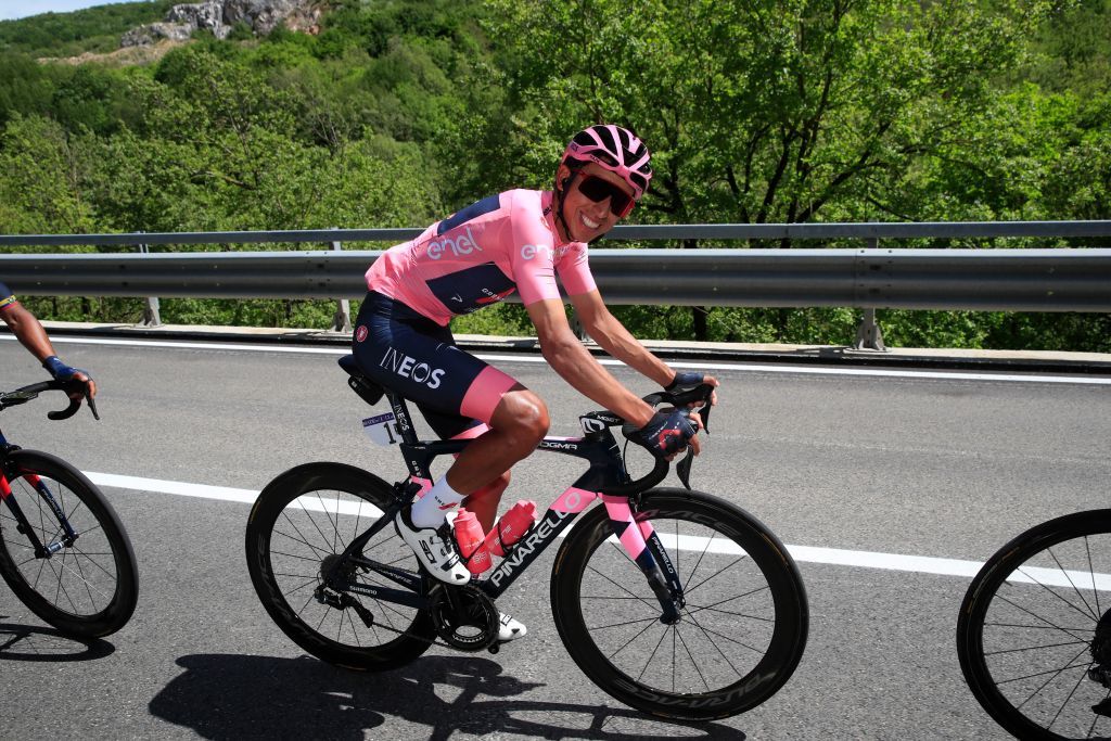 Overall leader Team Ineos rider Colombias Egan Bernal rides during the tenth stage of the Giro dItalia 2021 cycling race 139 km between lAquila and Foligno on May 17 2021 Photo by Luca Bettini AFP Photo by LUCA BETTINIAFP via Getty Images