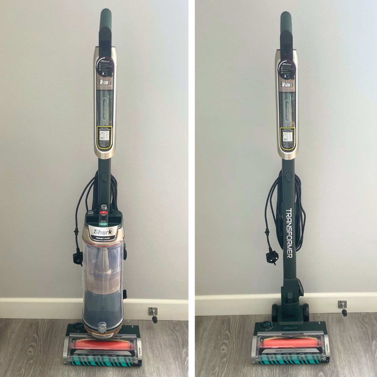 Shark PowerDetect Transformer Corded Upright Vacuum Cleaner pictured with the upright canister, and as a stick vacuum on the right