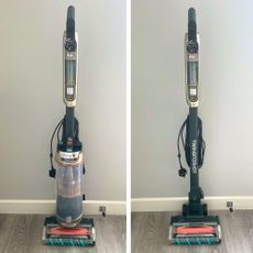 Shark PowerDetect Transformer Corded Upright Vacuum Cleaner pictured with the upright canister, and as a stick vacuum on the right