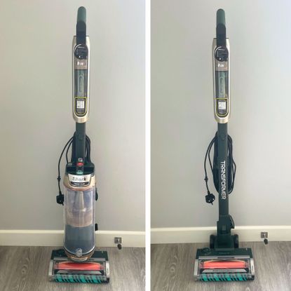 Shark PowerDetect Transformer Corded Upright Vacuum Cleaner pictured with the upright canister, and as a stick vacuum on the right