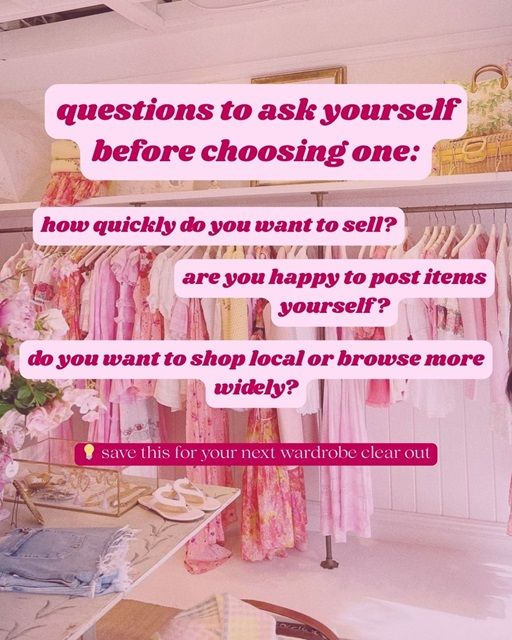 A graphic showing what questions to ask yourself before choosing an app to sell/buy second-hand clothing on.