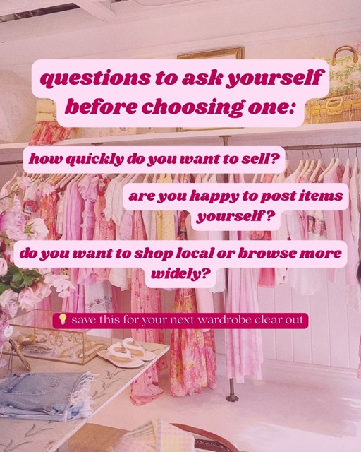 A graphic showing what questions to ask yourself before choosing an app to sell/buy second-hand clothing on.