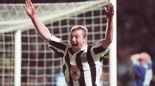 Newcastle United 4-3 Leicester City, premier league match at St James Park, Sunday 2nd February 1997. Our picture shows Alan Shearer, who scored a hat-trick during match, his first for Newcastle. (Photo by Nigel Dobson/Mirrorpix/Getty Images)