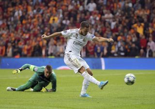 Real Madrid’s Eden Hazard takes aim in Istanbul