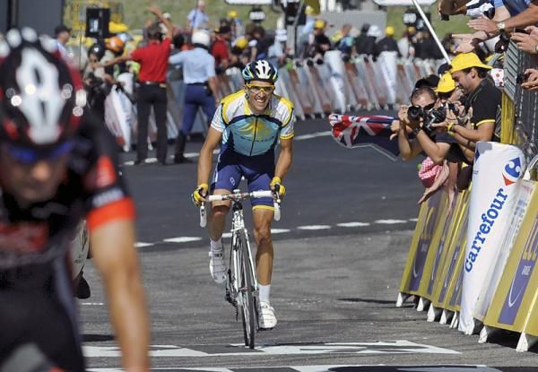 Alberto Contador (Astana) nears the finish line.