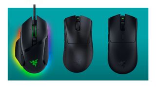 The Razer Basilisk V3, the Razer DeathAdder V3 HyperSpeed, and the Razer Viper V3 HyperSpeed on a teal deals background