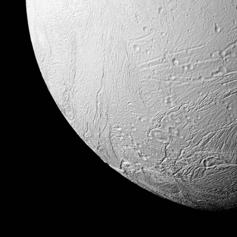 The Cassini spacecraft&#039;s close view of the southern terrain of Saturn&#039;s moon Enceladus, which contains a massive global ocean under its surface, scientists recently confirmed.