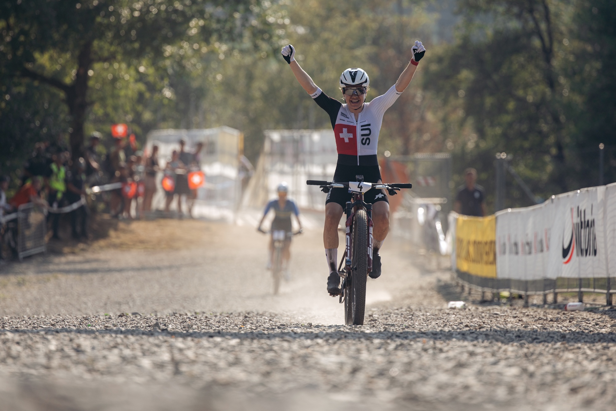 Sina Frei of Switzerland competes in the XCC (Short Track) Race during the UEC MTB European Championships