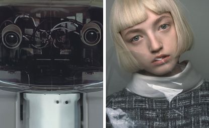close up shot of a robot next to an image of a girl 