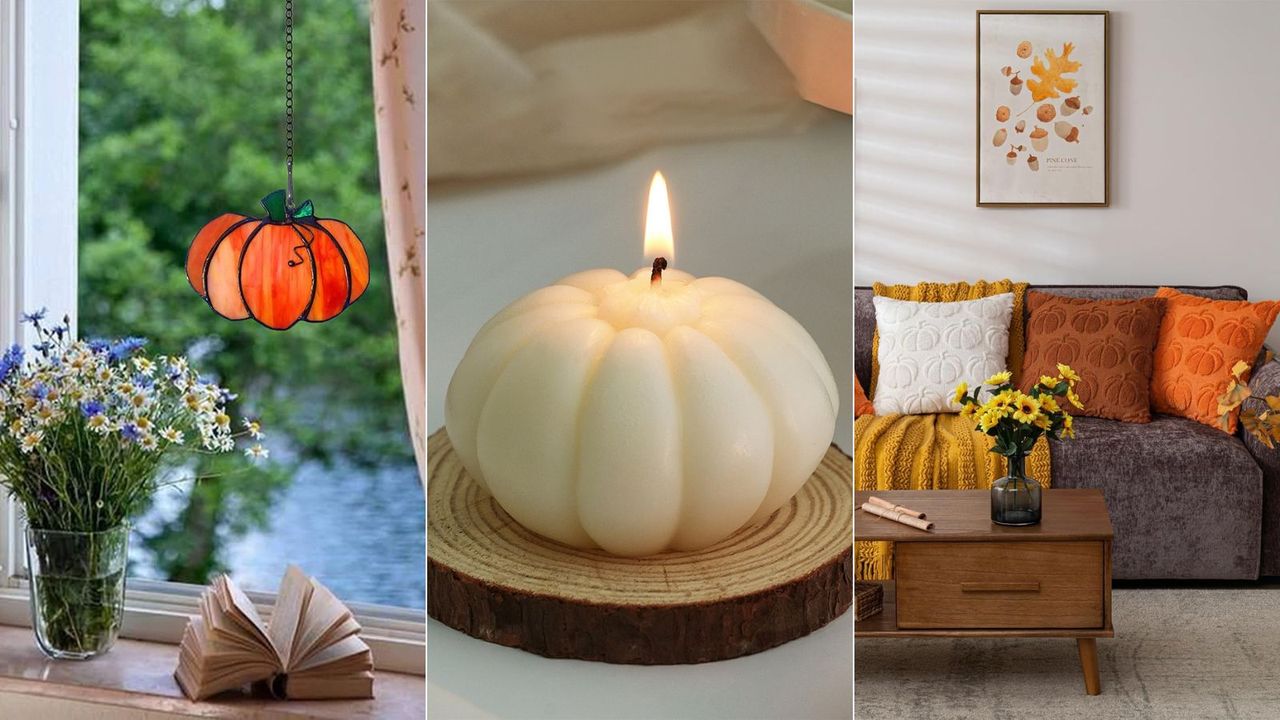 Hanging pumpkin at window, white pumpkin candle, sofa with pumpkin throw pillows