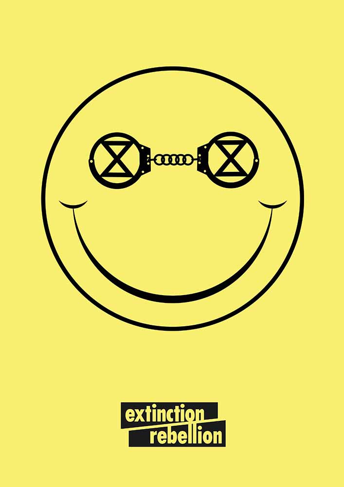 yellow extinction rebellion poster with a smiley face on it