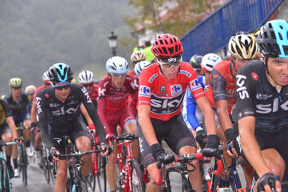 Chris Froome rides in the lead GC group