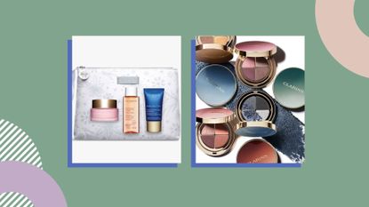 Clarins Cyber Monday deals including a skincare gift set and eyeshadow quad on a green background