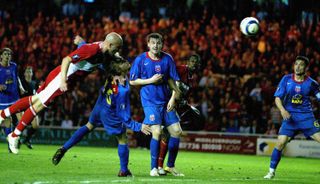 Massimo Maccarone scores the winner for Middlesbrough in their UEFA Cup semi-final tie against Steaua Bucharest in April 2006.