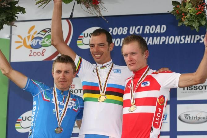 2008 Worlds: Elite men's podium (L-R) of Damiano Cunego (Italy), Alessandro Ballan (Italy) and Matti Breschel (Denmark)