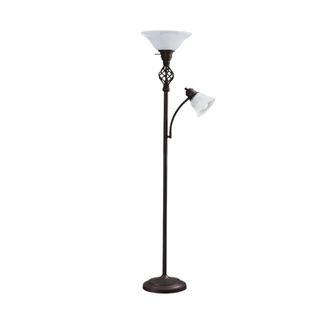 A black floor lamp with two lampshades