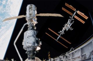 The International Space Station seen twice, 25 years apart. The image on the left shows the structure in 1998, consisting of just two modules; at right is the modern, fully built station,
